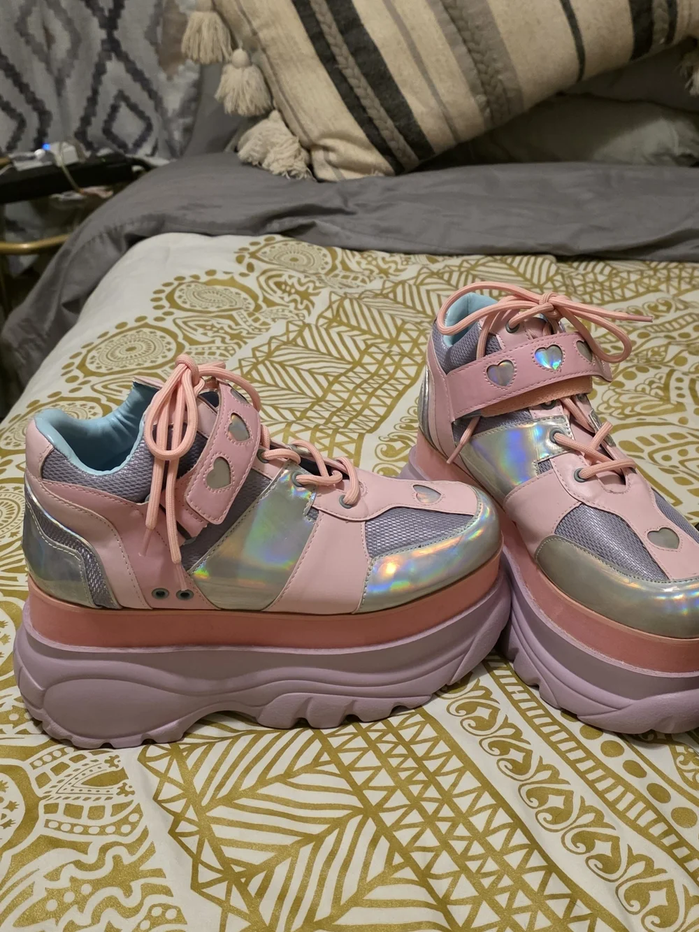 Pink Holographic Heart Platform Sneakers - Women